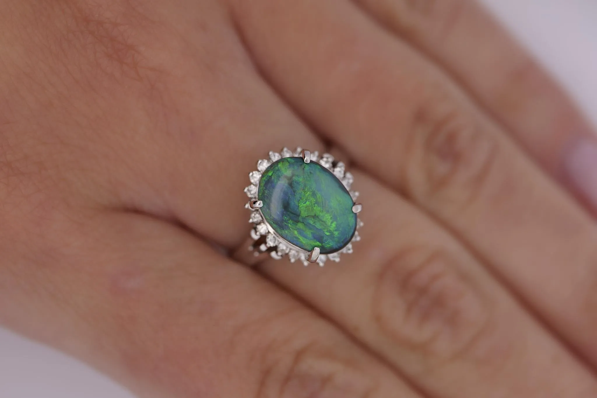 2.78 Carat Black Opal and Diamond Halo Platinum Filigree Ring