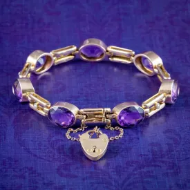 Antique Art Deco Amethyst Pearl Bracelet 9ct Gold With Heart Padlock