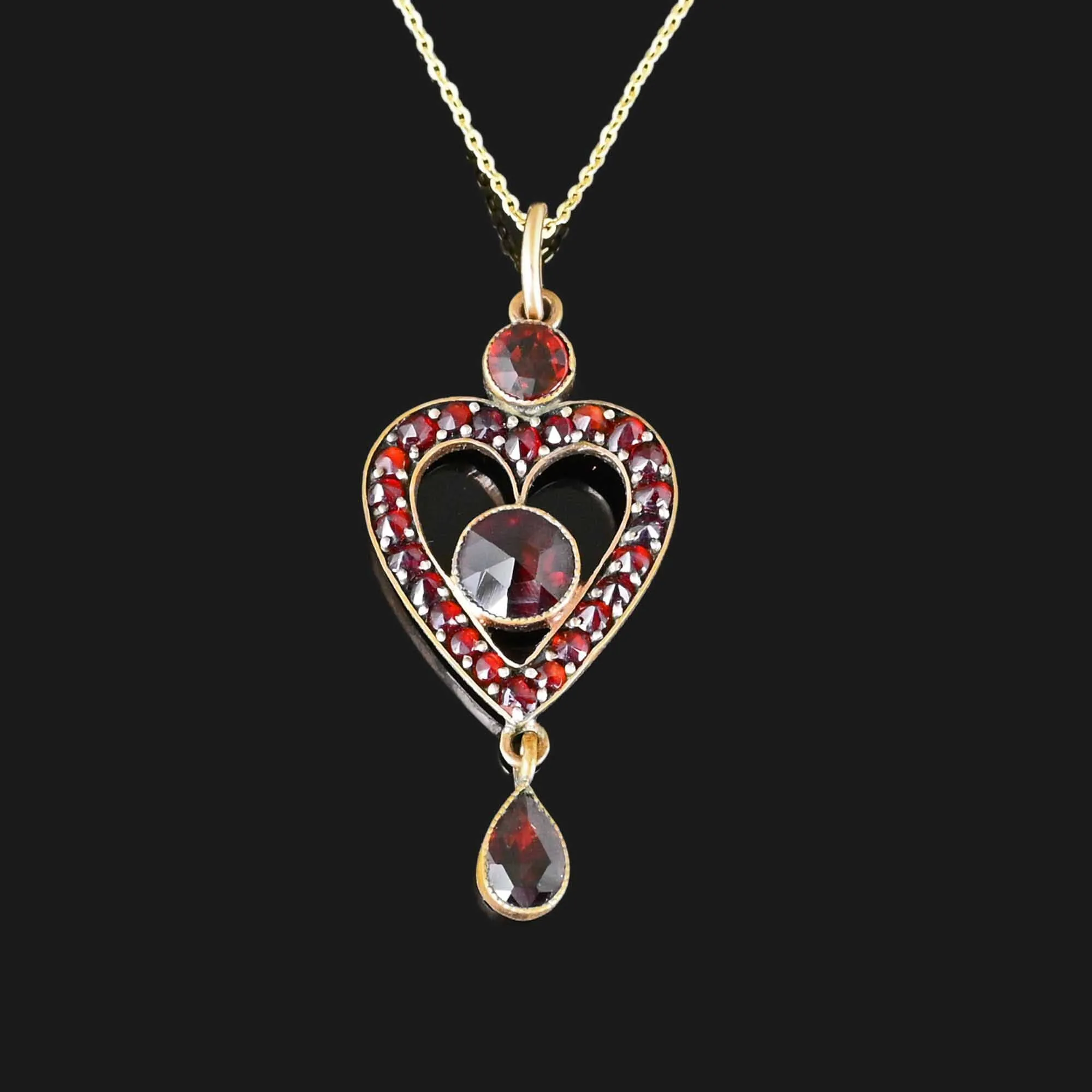 Antique Bohemian Garnet Heart Lavalier Pendant