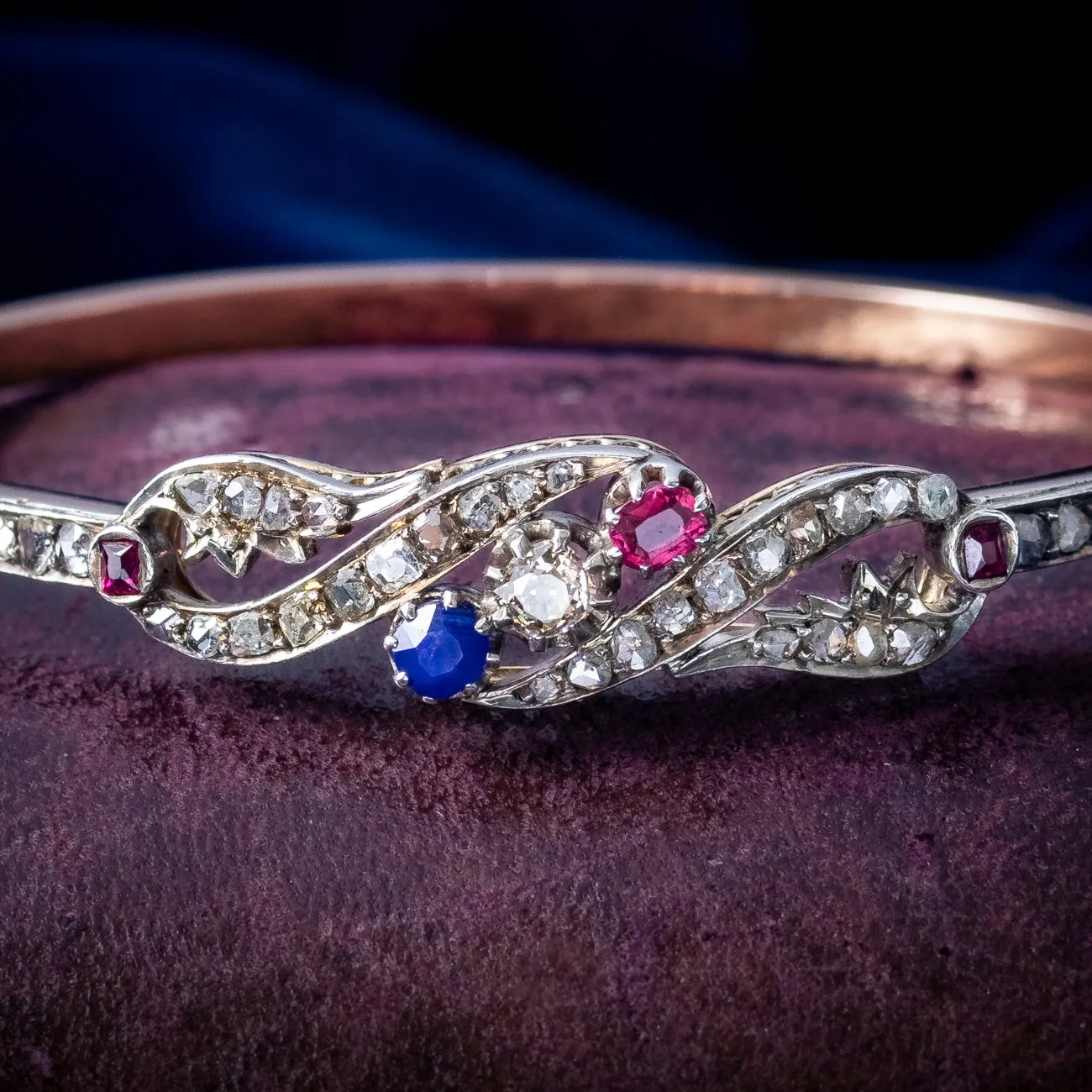 Antique Edwardian French Diamond Sapphire Ruby Bangle Platinum 18ct Gold