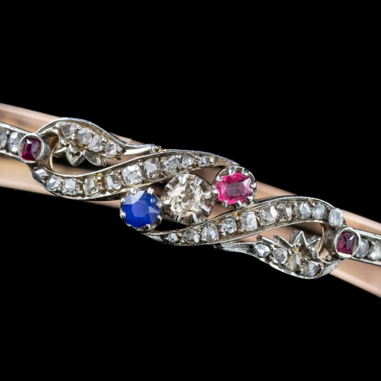 Antique Edwardian French Diamond Sapphire Ruby Bangle Platinum 18ct Gold