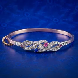 Antique Edwardian French Diamond Sapphire Ruby Bangle Platinum 18ct Gold