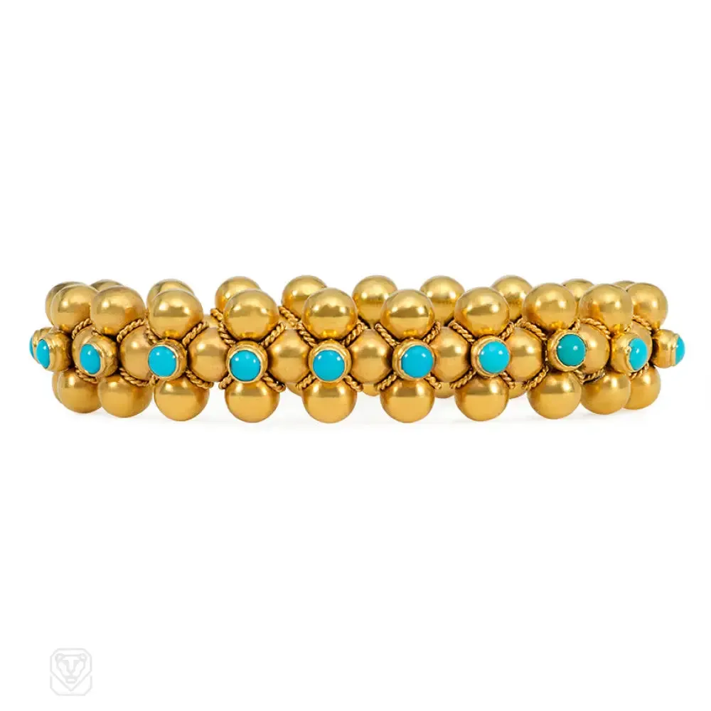 Antique French gold and turquoise quatrefoil bracelet