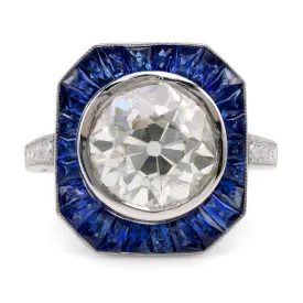 Art Deco GIA 3.68 Carat Old European Diamond Sapphire Platinum Cluster Ring