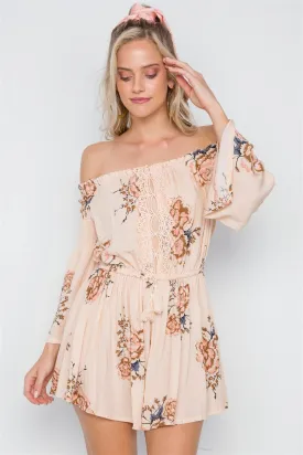 Beige Floral Print Off-The-Shoulder Boho Romper /1-3-2-1