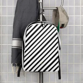 Black Diagonal Striped Backpack, White Stripe  Modern Minimalist Laptop Bag- Made in EU