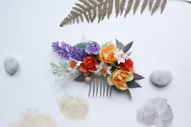 Colourful "Primavera" Mulberry Paper Rose Wedding Comb with artificial lavender and ruscus