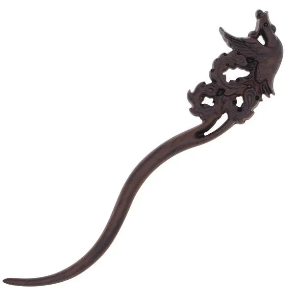 CrystalMood Carved Ebony Wood Flat-Back Phoenix Hair Stick