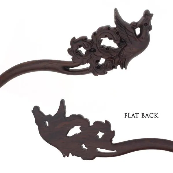 CrystalMood Carved Ebony Wood Flat-Back Phoenix Hair Stick