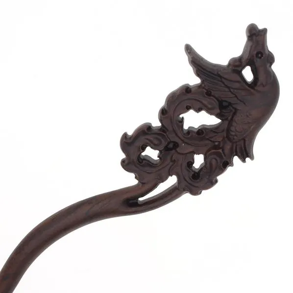 CrystalMood Carved Ebony Wood Flat-Back Phoenix Hair Stick