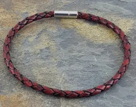 Dark red & Black fleck Leather Bracelet 4 mm round diameter