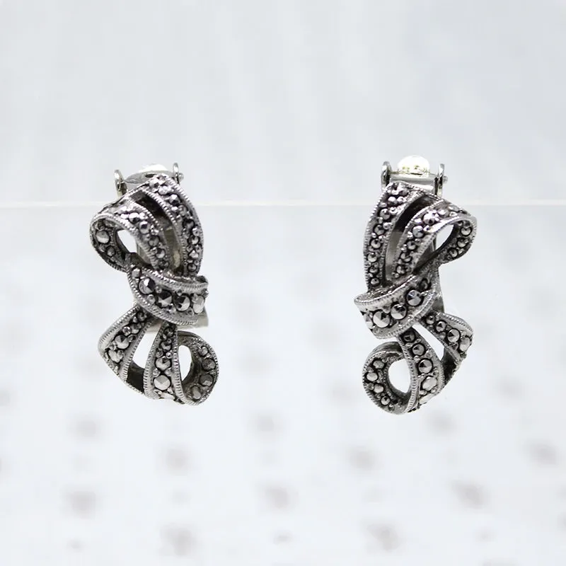 English Marcasite Bow Clip On Earrings