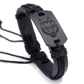 JEWELRY-Bracelet, represent unity and Strength,  multi-layer woven black leather wolf head engraving