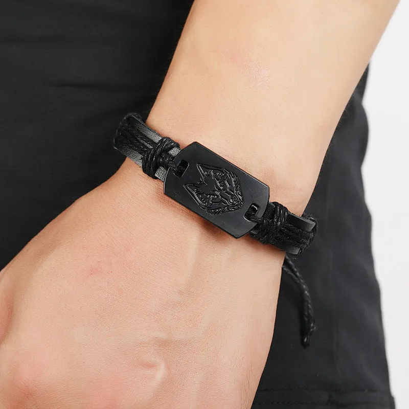 JEWELRY-Bracelet, represent unity and Strength,  multi-layer woven black leather wolf head engraving