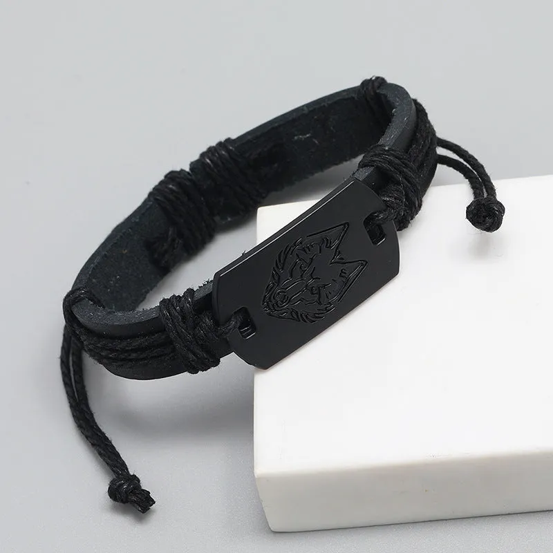 JEWELRY-Bracelet, represent unity and Strength,  multi-layer woven black leather wolf head engraving