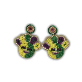 Mardi Gras Smiley Face Beaded Earrings with Rhinestones