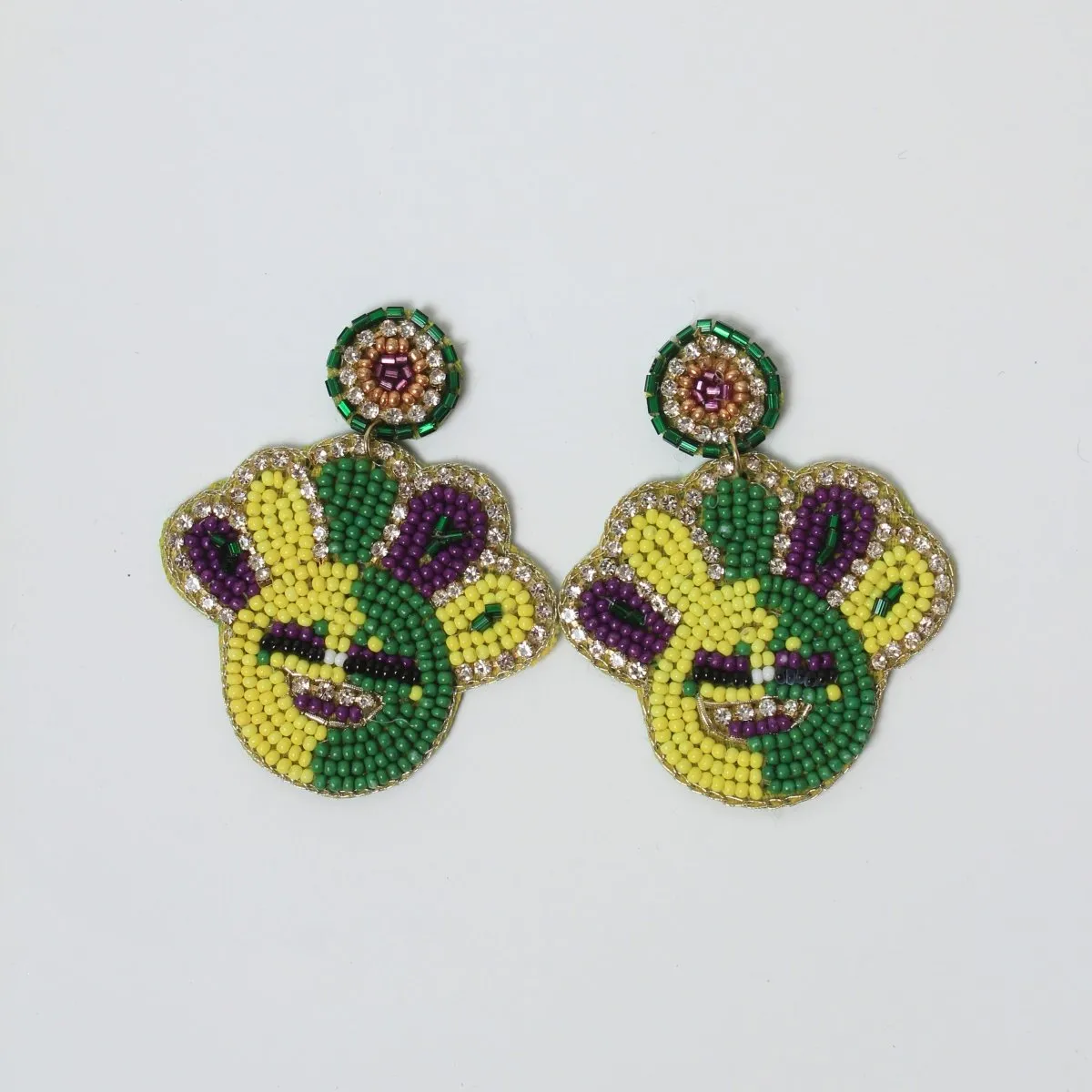 Mardi Gras Smiley Face Beaded Earrings with Rhinestones