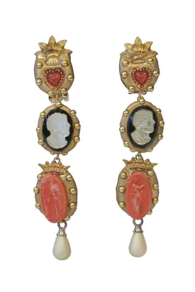 MINADEO CORAL LAVA CAMEO & GLASS HEART DROP EARRINGS