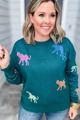 Purrfect Multi Cheetah Sweater - Teal Green