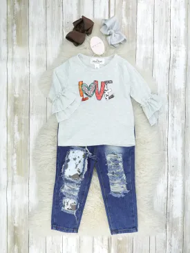 "LOVE" Cow Print Denim Outfit